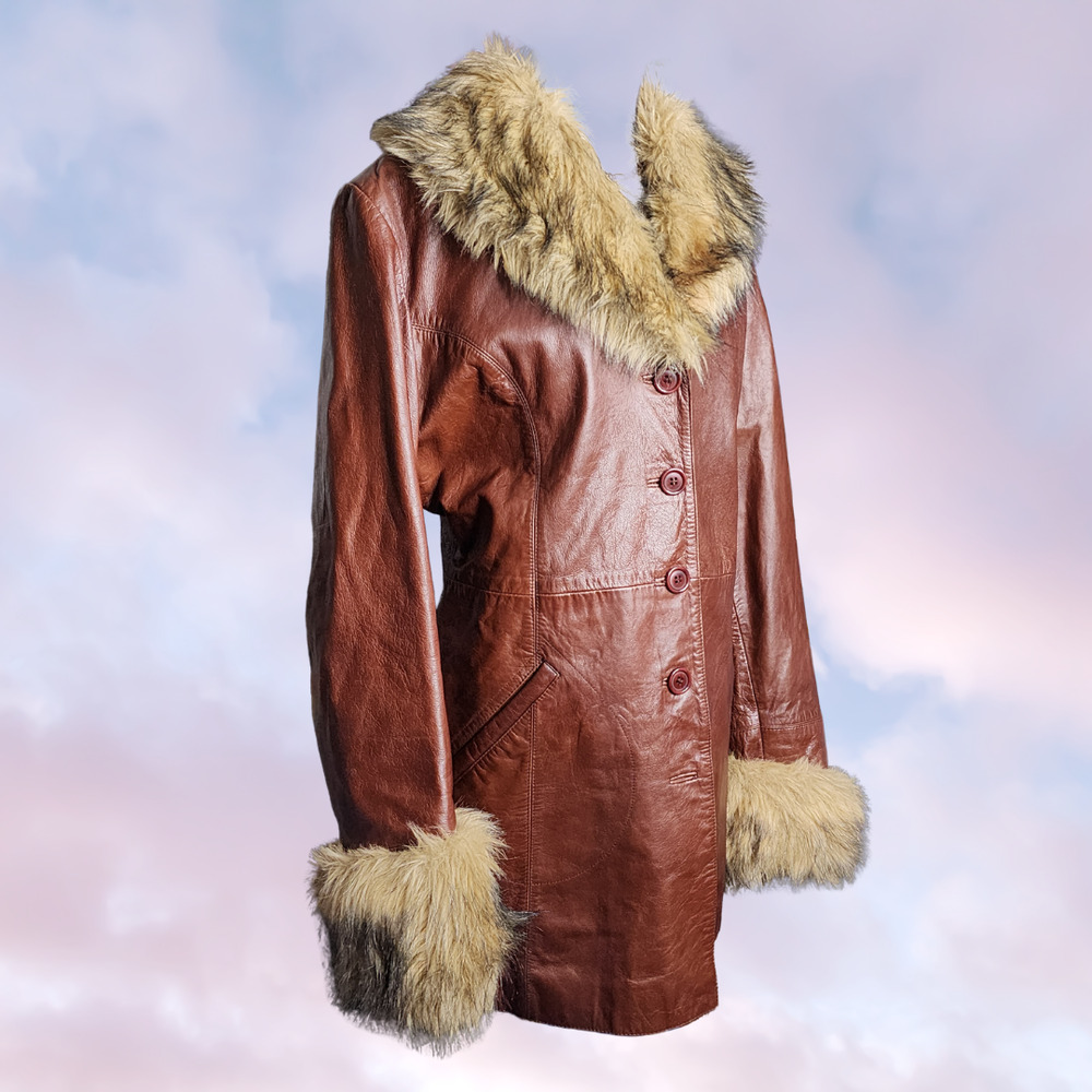 Vtg 90s Wilsons Leather Long Brown Faux Fur Collar Pennylane Trench Coat Sz L - Picture 2 of 8